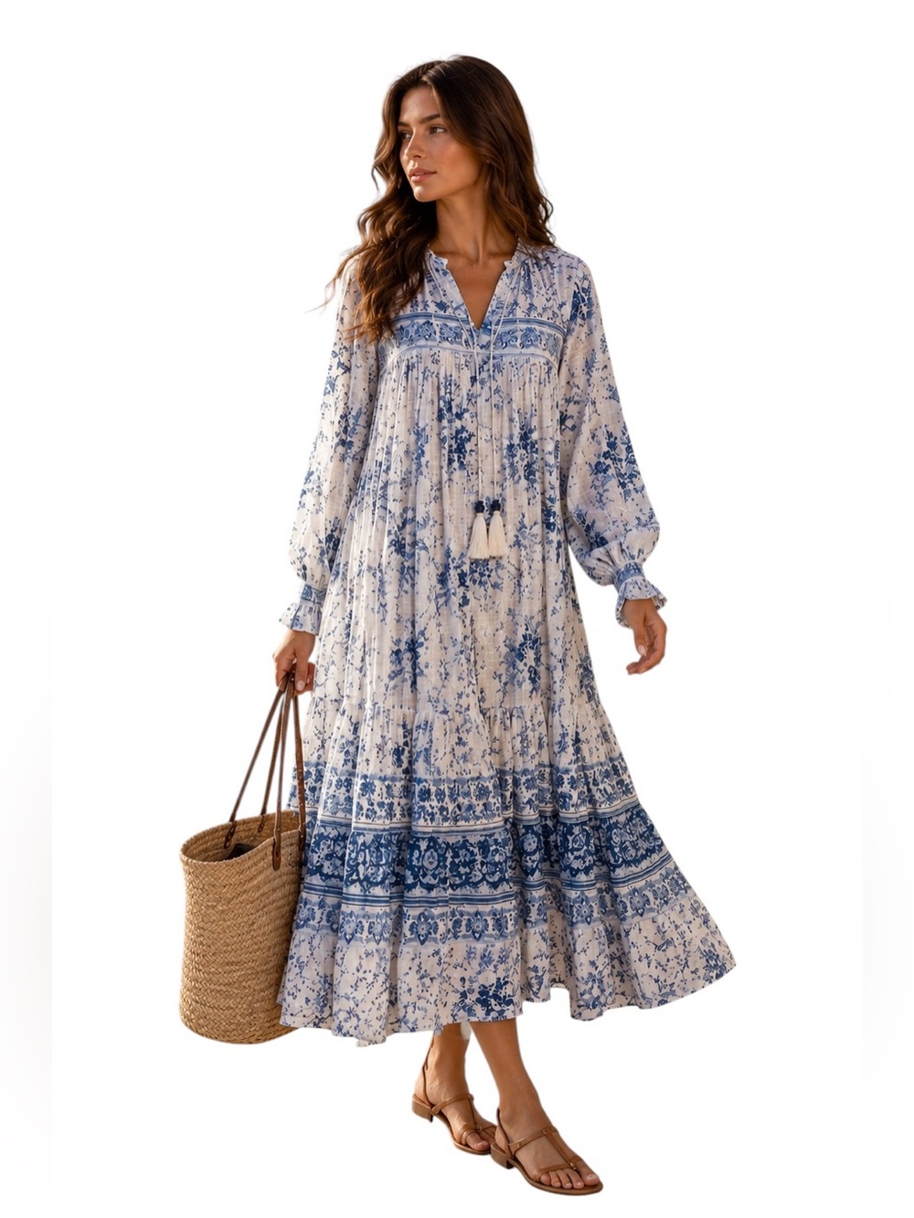 Zara Boho Maxi Dress Blue White Floral Print Tassel Tie Detail Size M